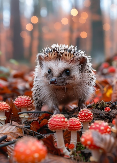 A hedgehog wanders through a colorful forest floor filled with vibrant mushrooms and fallen leaves during the autumn season