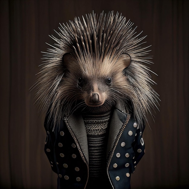 A hedgehog wearing a jacket and jacket with the word porcupine on it.