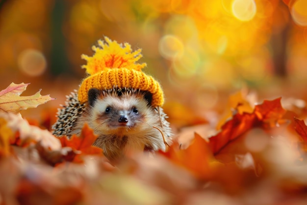 Photo hedgehog wearing knitted hat on autumn vibrant colorful leaves in park blurred background