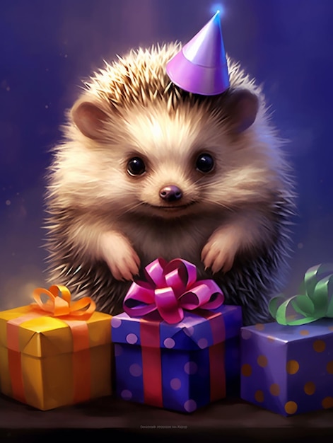 A hedgehog wearing a party hat next to three presents.