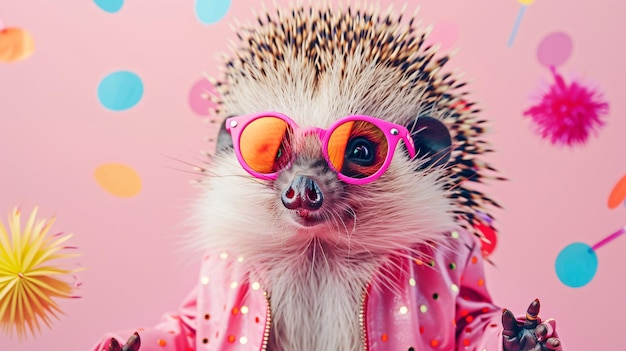 a hedgehog wearing pink glasses and a pink jacket with pink glasses