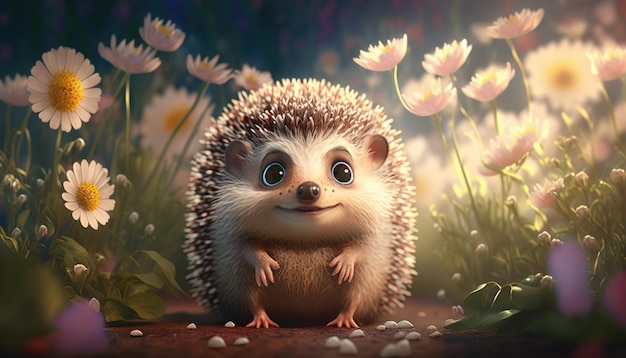 A hedgehog with a big blue eye sits in a field of flowers.