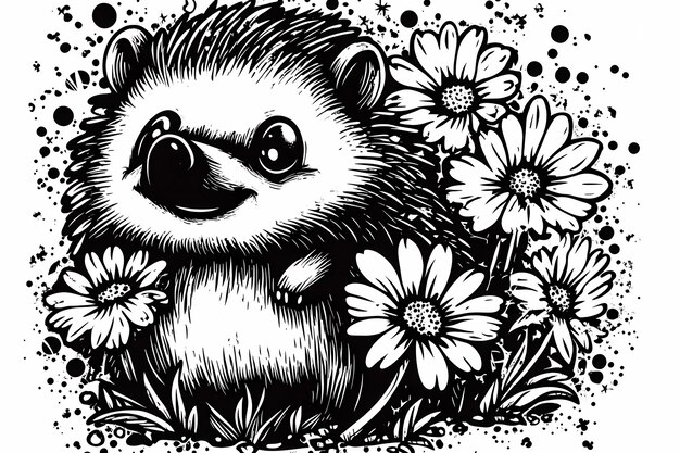 Photo a hedgehog with flowers and a hedgehog