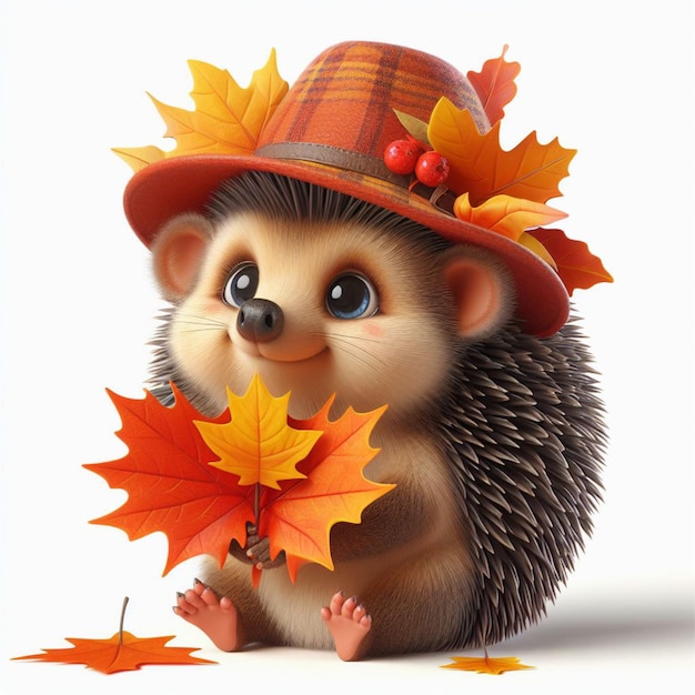 a hedgehog with a hat and leaves on it