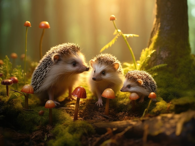 Hedgehog with hedgehogs cubs in the summer forest