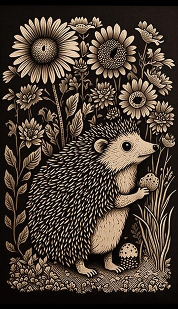 A hedgehog with a mushroom in his hand is surrounded by flowers.