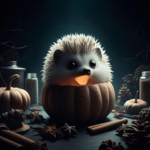 a hedgehog with an orange pumpkin in front of some other decorations