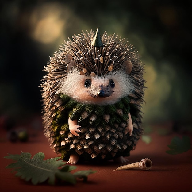 A hedgehog with a pine cone on its head