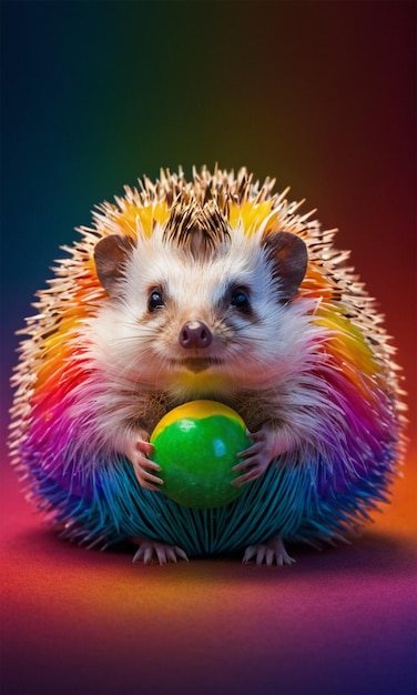 a hedgehog with a rainbow colored body and a ball in its mouth