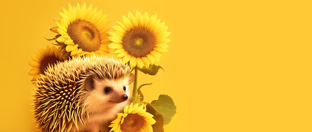 Hedgehog with sunflowers panoramic layout Generative Ai