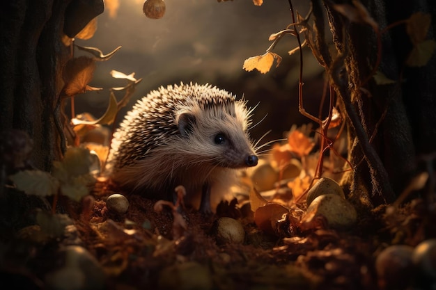 A hedgehog in the woods with a tree in the background