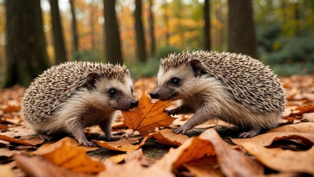 Hedgehogs Playing with Leaves in a Forest