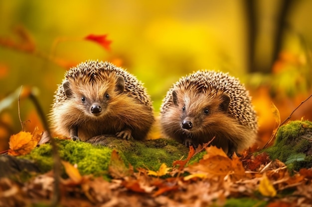 Hedgehogs Scientific name Erinaceus Europaeus two wild native European hedgehogs facing forward