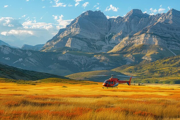 Helicopter Awaiting Adventure in Autumn Mountain Landscape