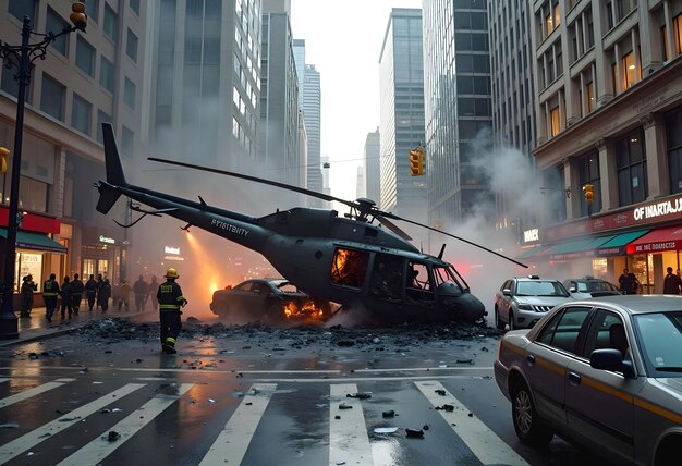 Photo helicopter crash in a busy city street with smoke and fire