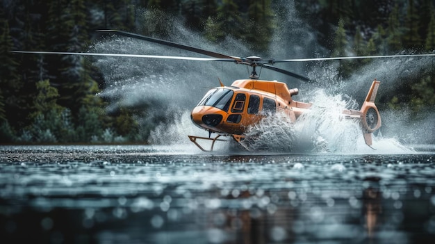 Helicopter crashing into a lake water splashing dramatically as it submerges light painting style