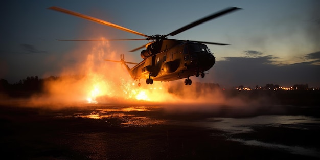 Helicopter extinguishes fire Helicopter fighting against a fire during day Generative AI