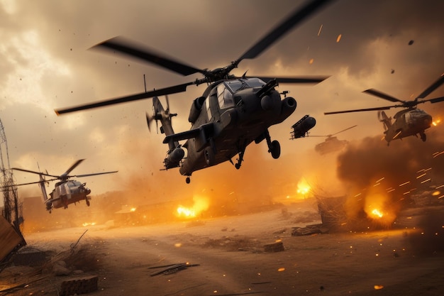 Helicopter fighting with fire and smoke in the air Military training Attack helicopters flying in a warzone and shooting AI Generated