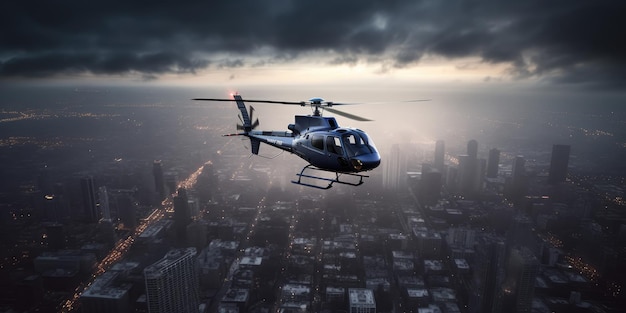 Helicopter flies over the city A helicopter flies in the sky Generative AI View of a helicopter