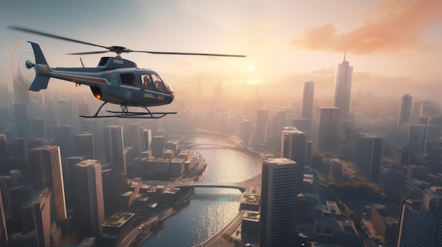 A helicopter flies over a city with the sun setting behind it.