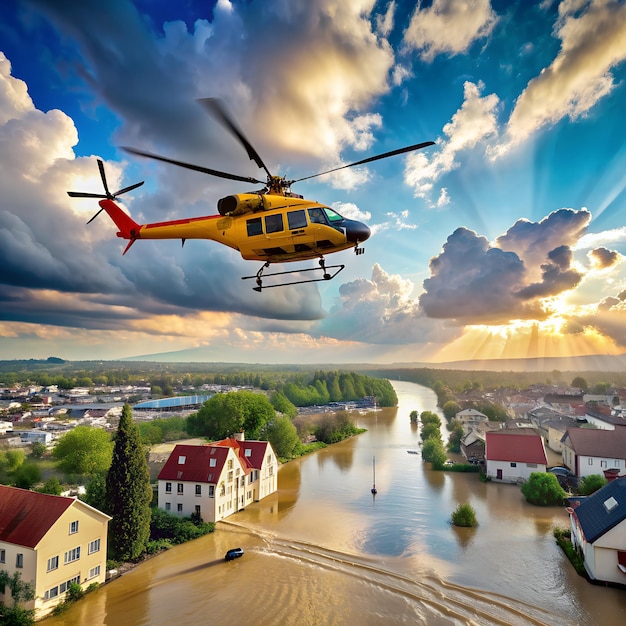 a helicopter flies over a flooded area with houses in the background