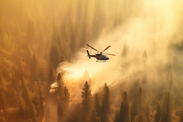 A helicopter flies over a forest fire with smoke from the fire in the background.