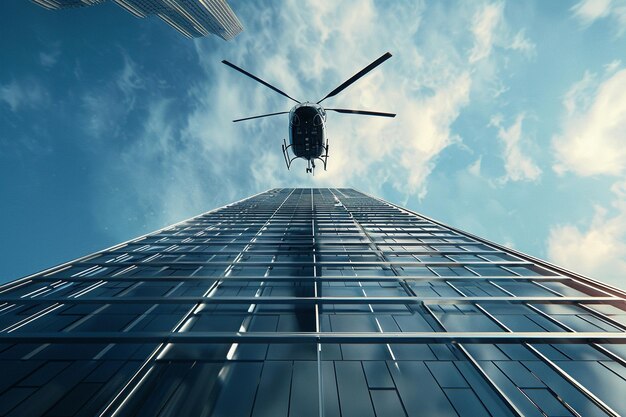 a helicopter flies over a skyscraper with a sky background