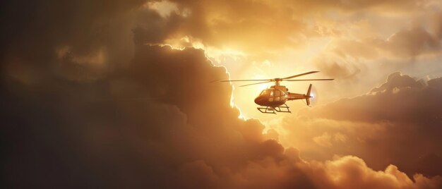 A helicopter flies through a dramatic sky filled with dark clouds and golden sunlight creating an aweinspiring scene