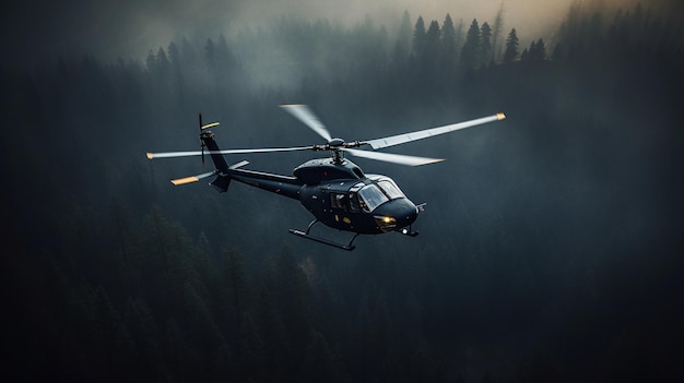 A helicopter flies through the fog in the forest.