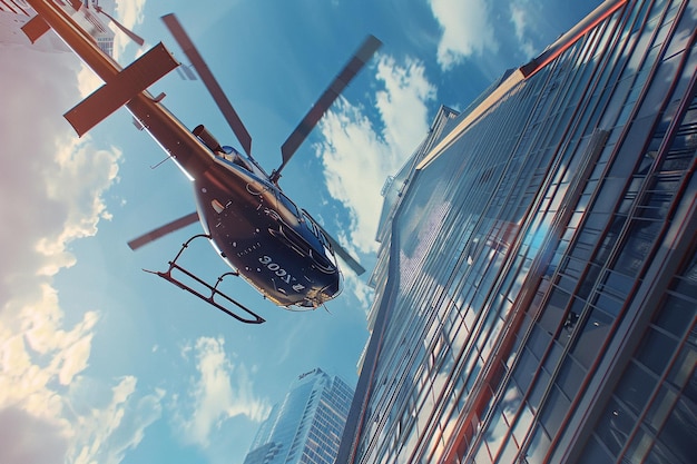 a helicopter flying over a building with a sky background