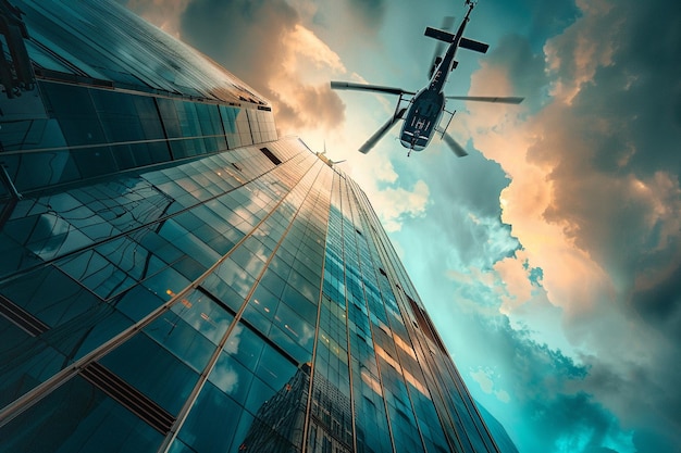 a helicopter flying over a building with a sky background