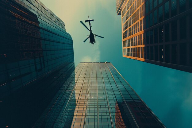 Photo a helicopter flying over a city with a helicopter flying in the sky