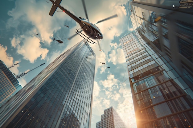 helicopter flying over a city with a sky background