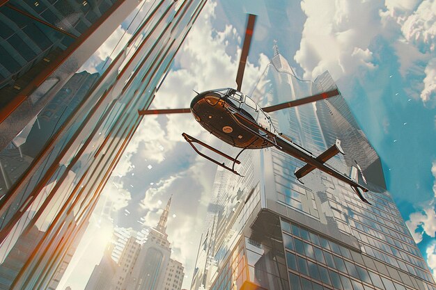 helicopter flying over a city with the sky in the background