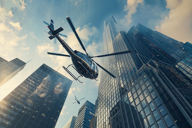 helicopter flying over a city with skyscrapers in the background