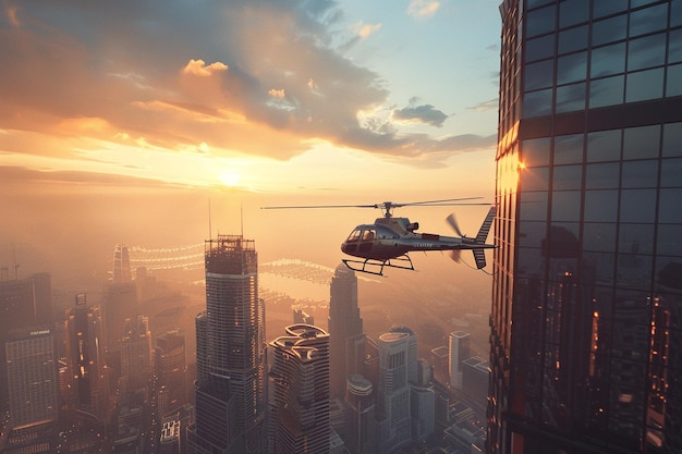 helicopter flying over a city with the sun setting behind it