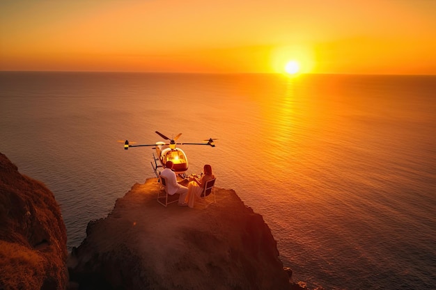 A helicopter flying over a cliff with a man sitting Generative Ai