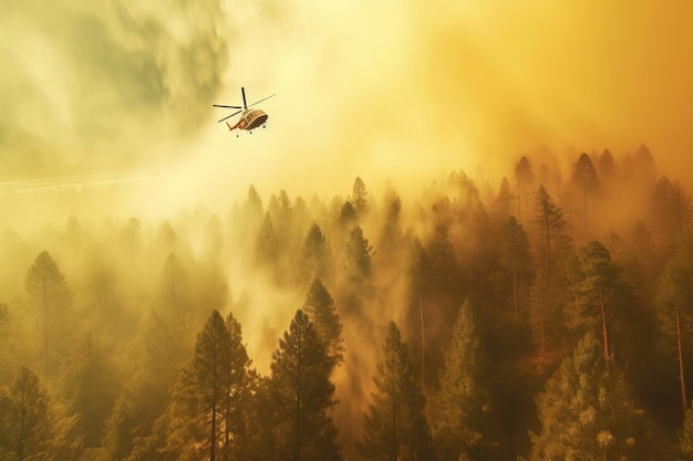 Helicopter flying over a forest fire amidst the smoke