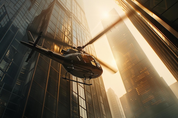 helicopter flying in front of a skyscraper