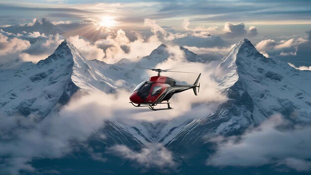 Photo a helicopter flying over the mountains with the sun shining on the top