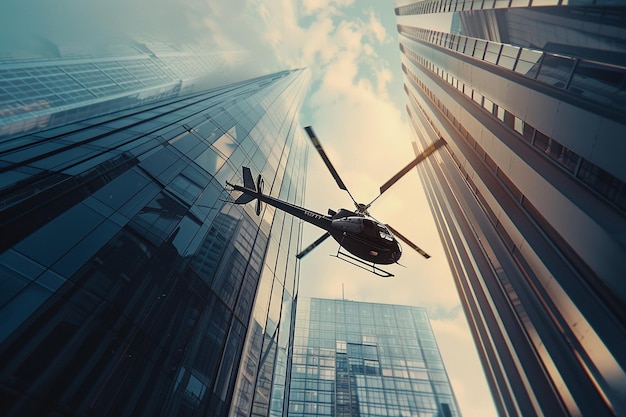 helicopter flying in the sky with buildings in the background