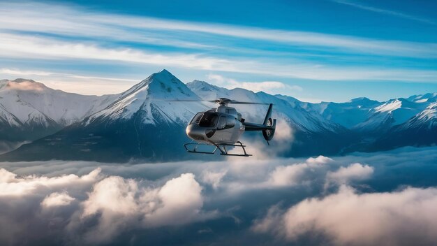 Photo a helicopter flying in the sky with a mountain in the background