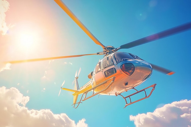 a helicopter flying in the sky with the sun behind it