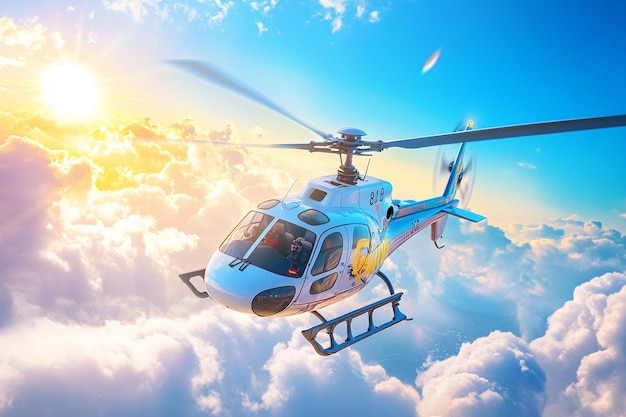 Photo a helicopter flying in the sky with the sun behind it