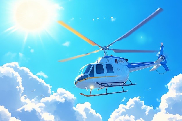 a helicopter flying in the sky with the sun shining through the clouds