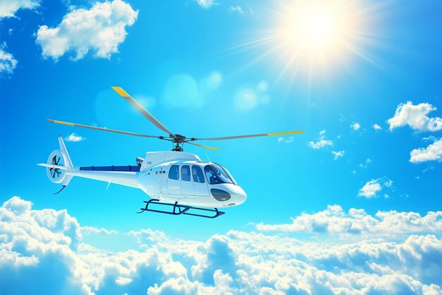 a helicopter flying in the sky with the sun shining through the clouds