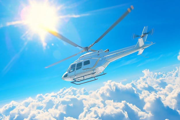 a helicopter flying in the sky with the sun shining through the clouds