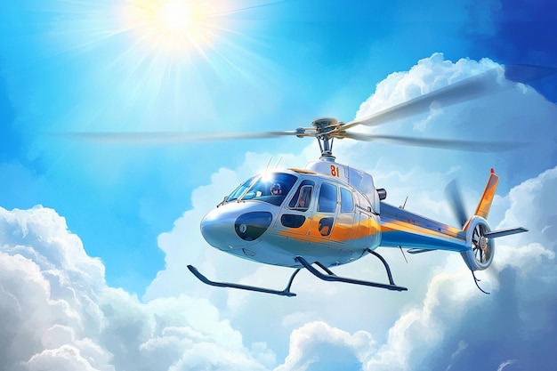 a helicopter flying in the sky with the sun shining through the clouds