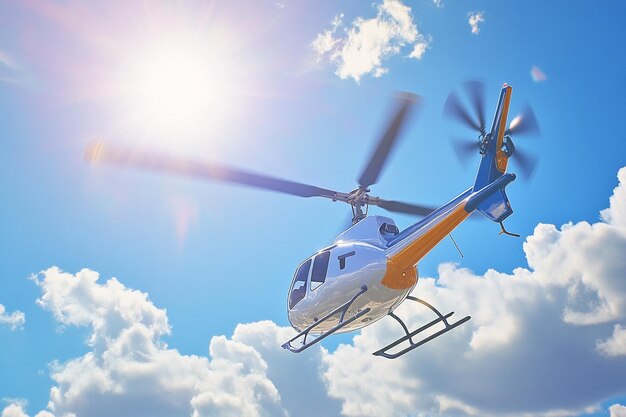 Photo a helicopter flying in the sky with the sun shining through the clouds