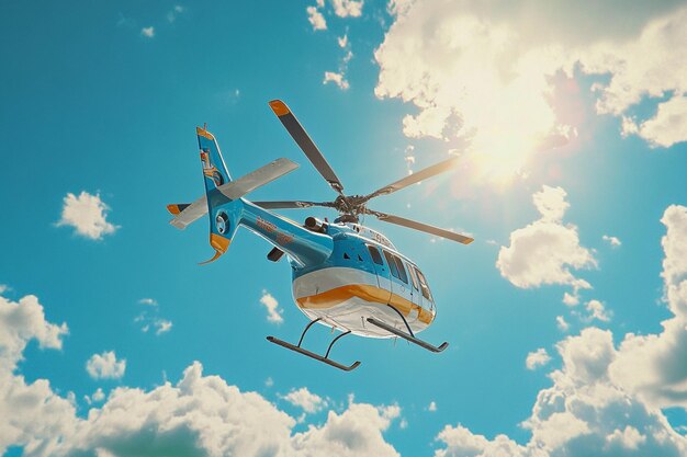 Photo a helicopter flying in the sky with the sun shining through the clouds